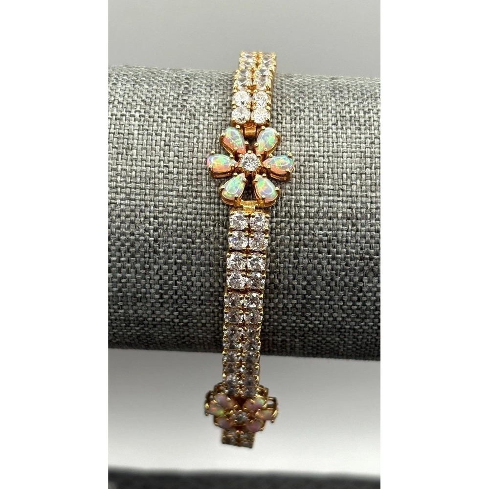 VTG Vermeil Sterling Silver 925 Opal & CZ Tennis Flower Boho Bracelet Floral 8"
